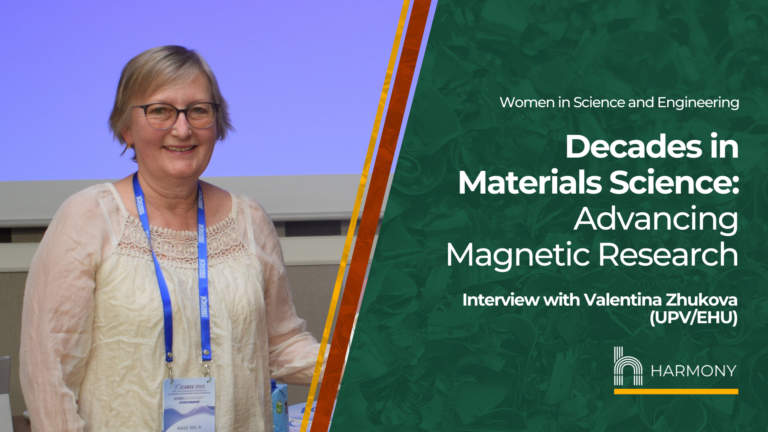 Graphic for the Women in Science and Engineering series featuring Valentina Zhukova, a senior researcher in magnetic materials, with the title “Decades in Materials Science: Advancing Magnetic Research.”