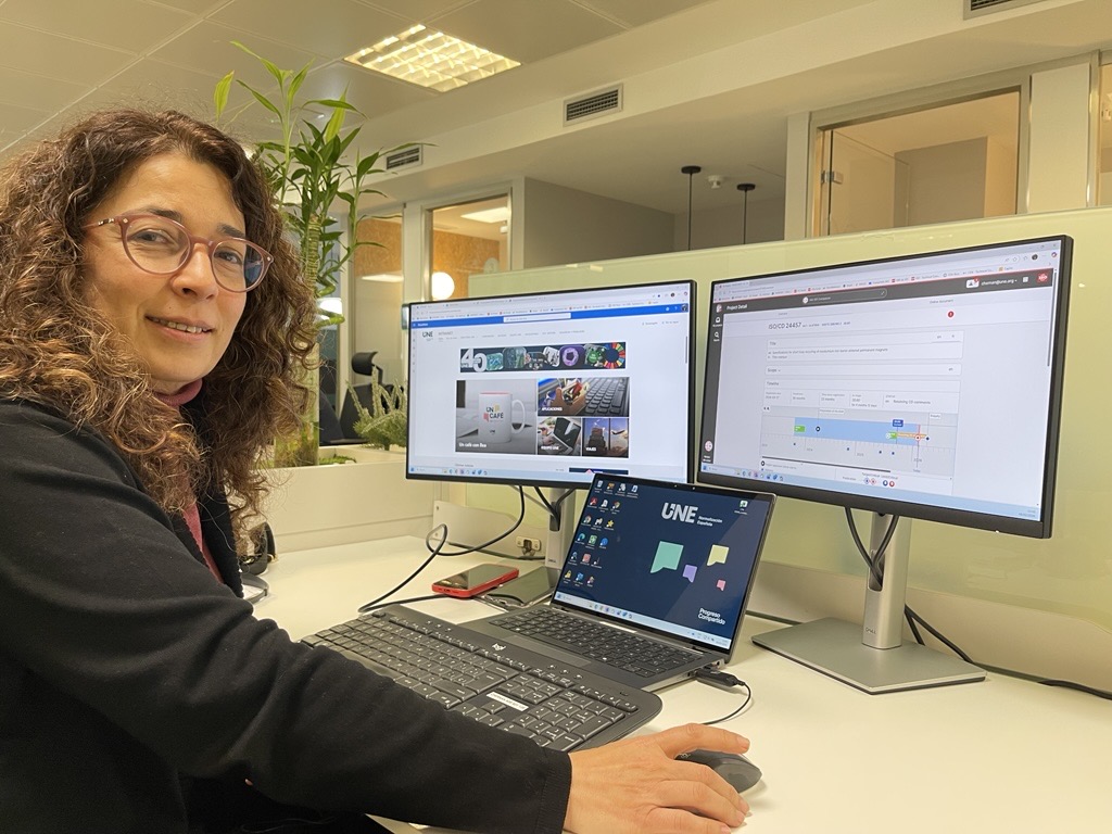 Cristina Hernán working at her desk in an office, using a computer with dual monitors displaying technical content related to standardisation work.